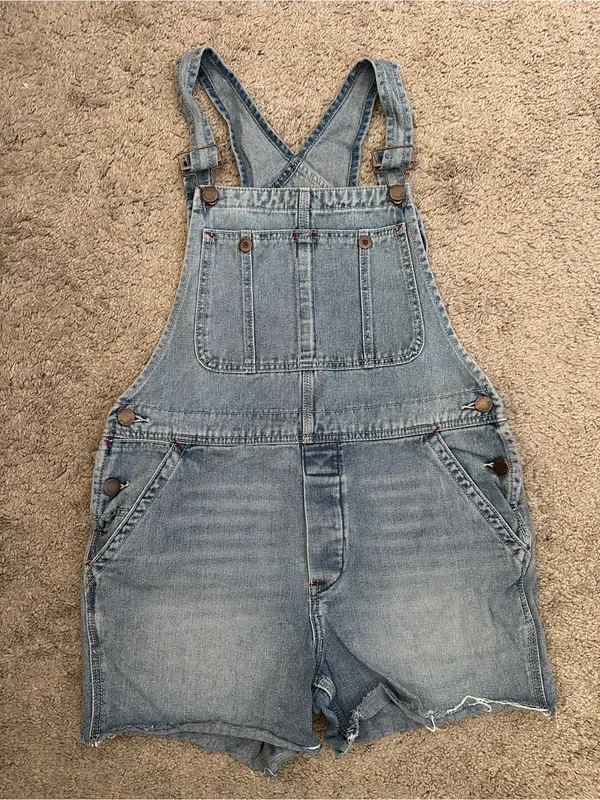 FREE PEOPLE Relaxed Boyfriend Overall Shorts in Blue Bell Sz. 27 - Image 5