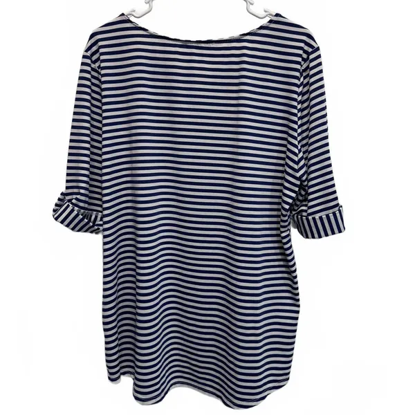Notations Blue and White Striped Nautical Keyhole Blouse Plus Size XL - Image 2