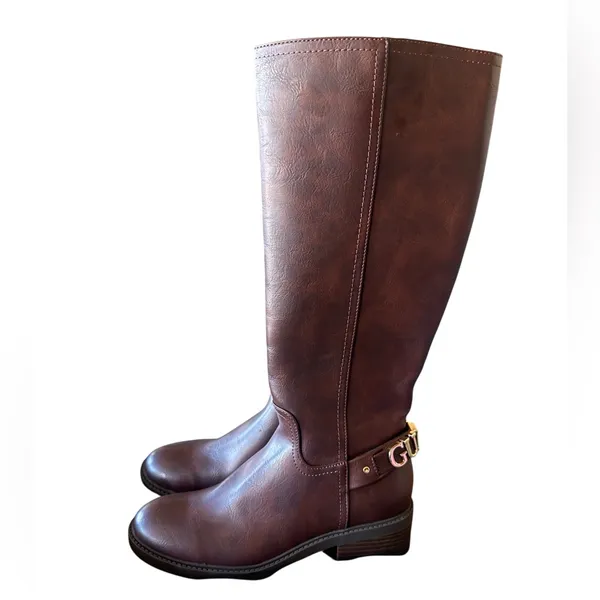 NEW GUESS padmaa riding boots Gold Spell Out Logo Chocolate Brown 8 - Image 8