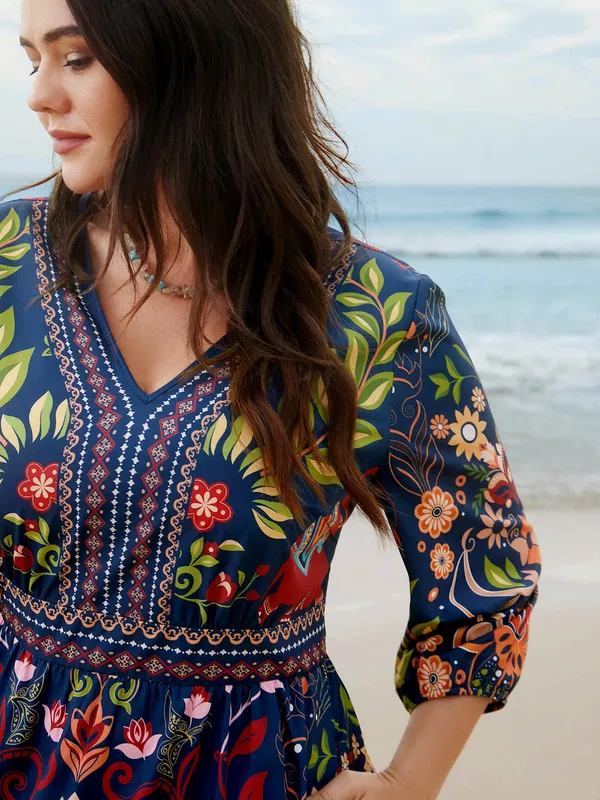 BloomChic Blue Floral Boho Dress V-Neck 3/4 Sleeve Midi Size 10 - Image 2