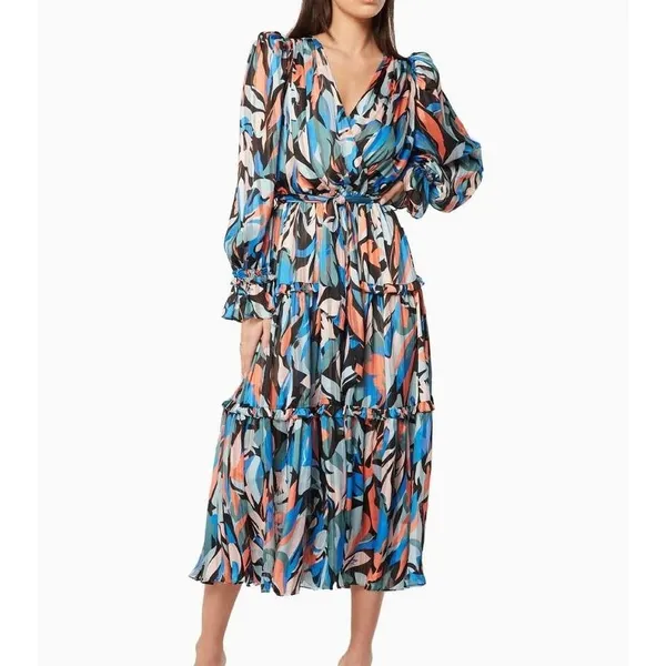 ELLIATT Vista Abstract Wrap Midi Dress Size Small Multicolor Whimsical Statement - Image 11
