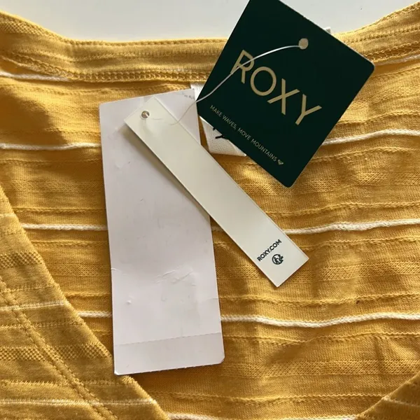 Roxy Uncomplicated Mind Button Front Stripe Tee Ochre Beachy Yarn, Small, NWT - Image 5