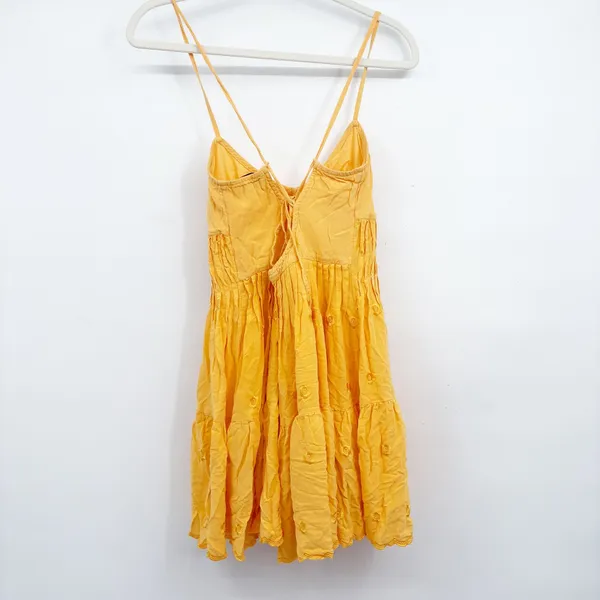 Urban Outfitters Womens Yellow Sandy Boho Embroidered Lace Up Back Mini Dress M - Image 9