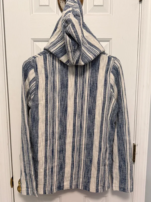 Faherty Islet Striped Poncho XS Blue Cream Hooded Coastal Baja Pullover‎ Sweater - Image 5