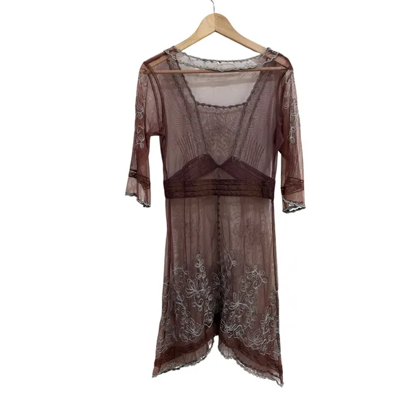 Vintage Style Sheer Mesh Embroidered Lace Trim Dress Brown Silver Size S - Image 3