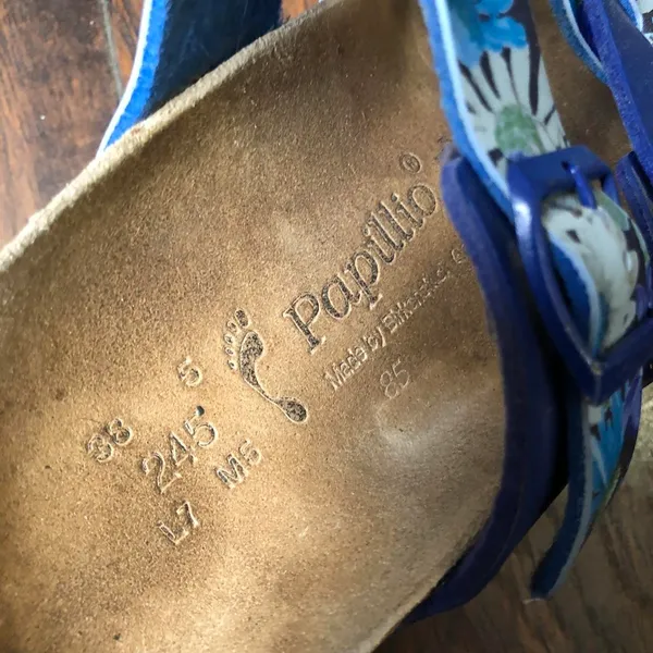 Papillio Birkenstock Blue Floral Tropical Garden Slides Sandals Criss Cross Double Triple Band #Boho #Beach #Vacation #Summer #Resort Women 7 Size 38 - Image 6