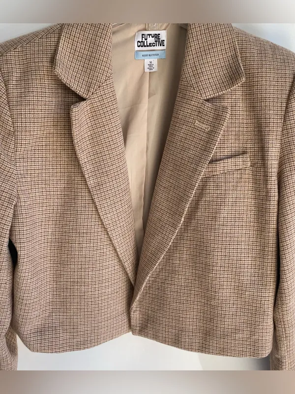 Future Collective tan wool plaid cropped blazer equestrian preppy fall jacket M Size M - Image 3