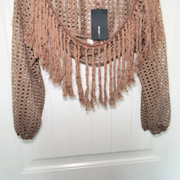 Miamisty Large Brown Crochet Boho Chic Cropped Fringed Cover Up Top Whimsigoth - Image 8