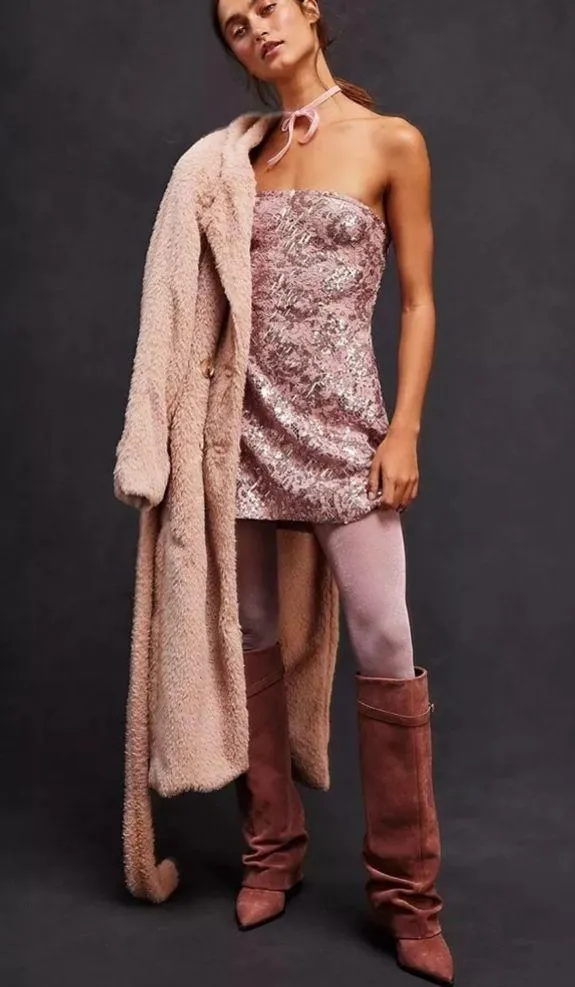 Free People Night Gaze Mini Sequin Fit & Flare Dress Blush Pink large - NWOT - Image 3