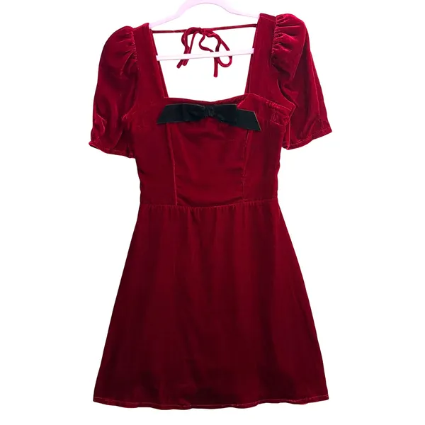 Wayf XS Velvet Puff Sleeve Mini Dress Red Bow Holiday‎ Party Romantic Valentines - Image 3