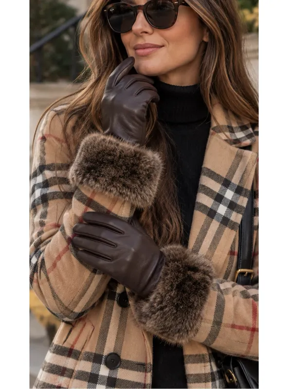 Barbour Women’s Ambush Wax Leather Gloves Brown Faux Fur Cuff Bougie Winter New - Image 8