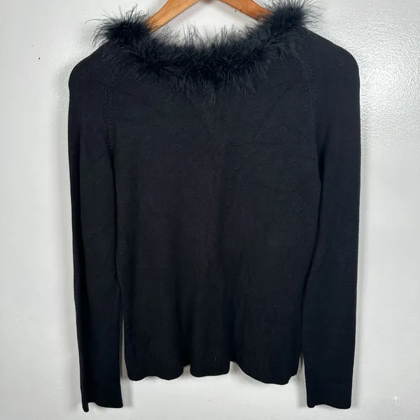 Vintage Y2K Max Studio‎ Small Sweater Feather Trim Black Long Sleeve Rayon Blend - Image 3