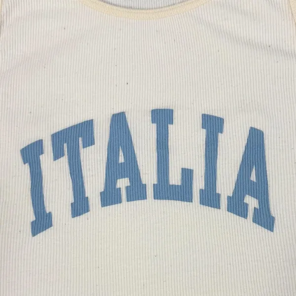 Italia Ribbed Crop Tank Top Womens One Size Cream Blue Graphic Made in Italy Y2K - Image 13