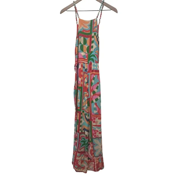 Farm Rio Anthropologie Cutout Halter Jumpsuit Med Brazilian Tropical Bold Print - Image 9