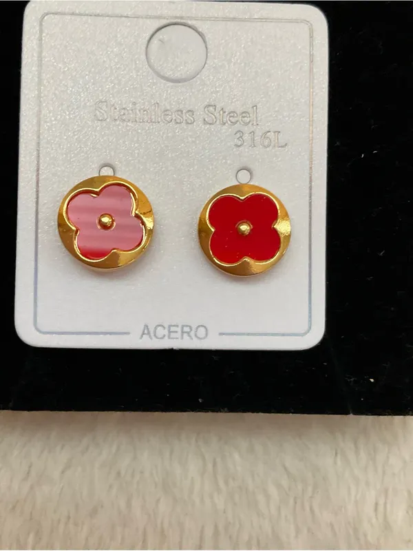 Gold-Tone Flower Stud Earrings in Red &Gold - Image 2