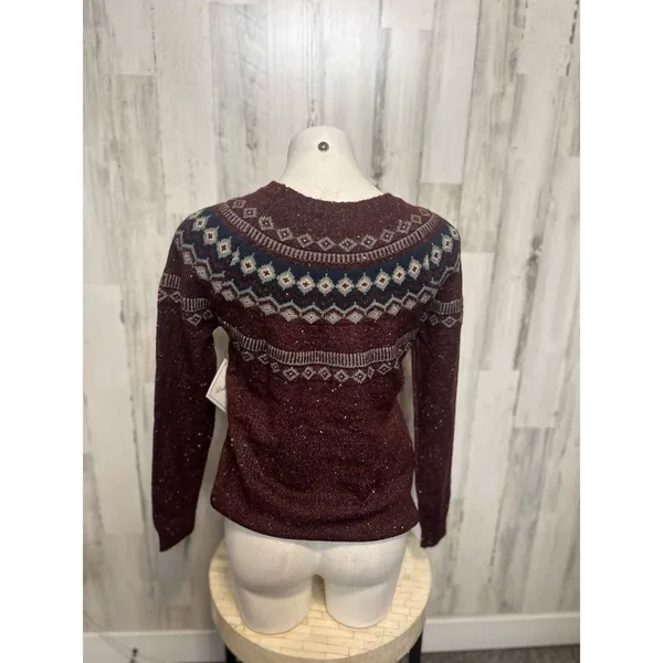 Leslie Rose Fair Isle Nordic Crewneck Knit Sweater Womens Small Burgundy Maroon - Image 3