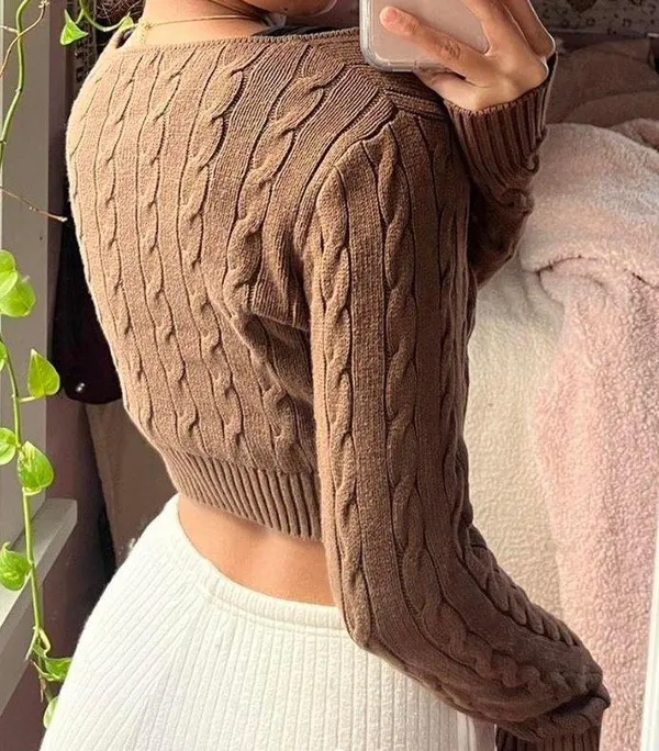 Brown Cropped Knit Sweater - Image 2