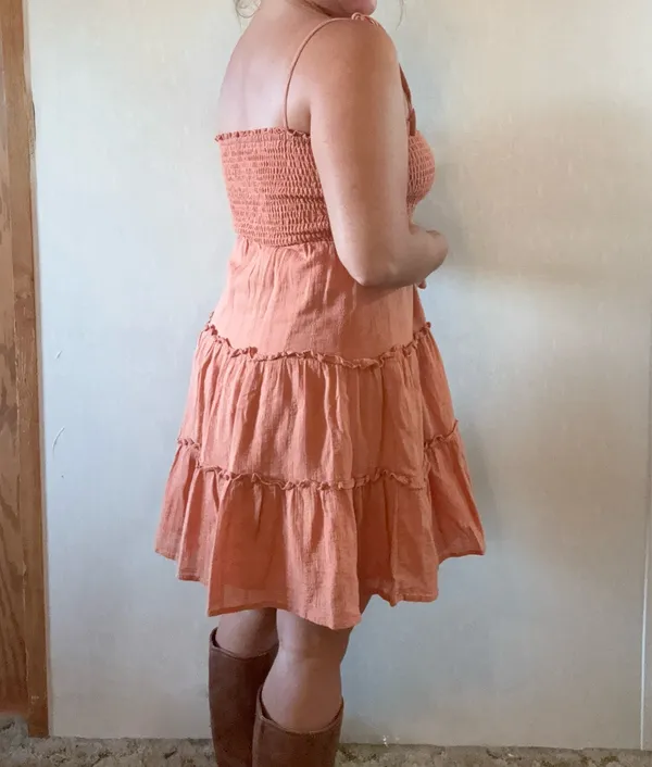 Altar'd State Coral Smocked Tiered Mini Dress Medium Tie Strap Boho - Image 3