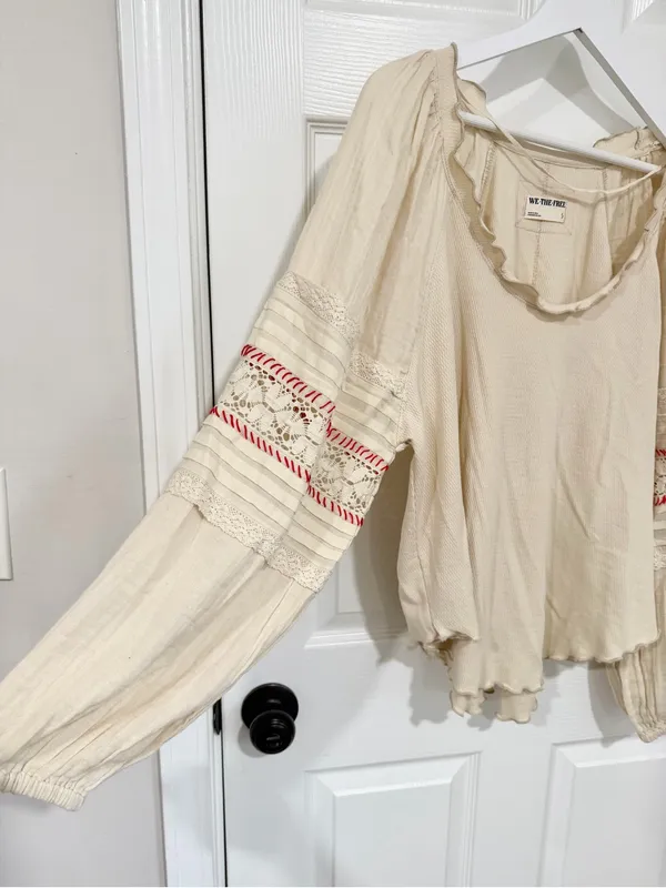 Free People We The Free Lace Sleeve Thermal Boho Peasant Top Cream Small - Image 5