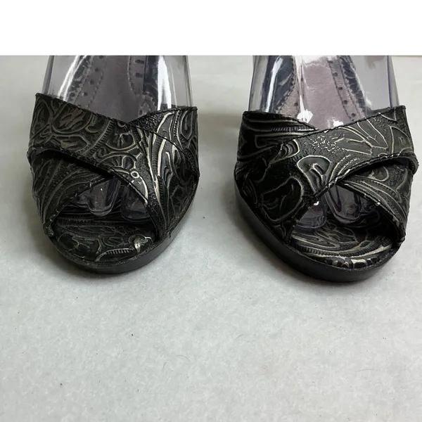 Franco Sarto Womens 6M Black Silver Metallic Embossed Ankle Strap Peep Toe Heels - Image 3