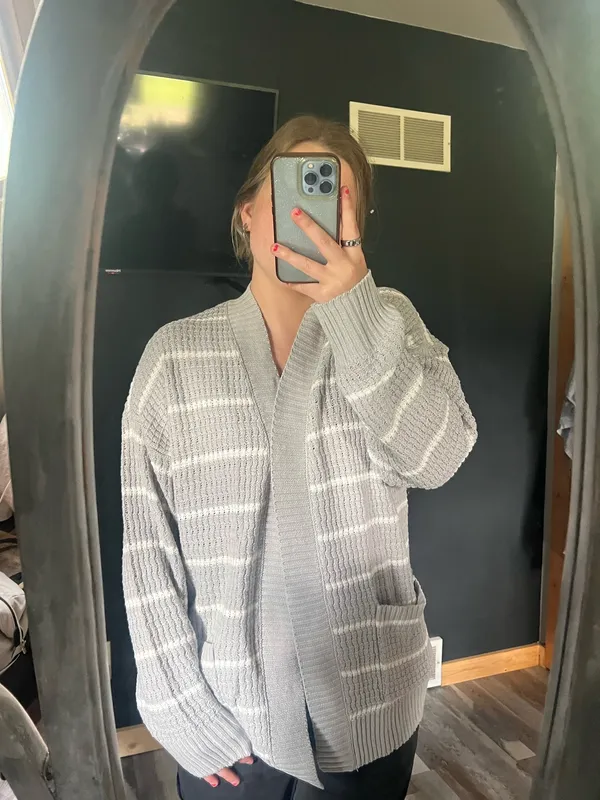 American Eagle Grey and White Striped Cardigan - Image 2