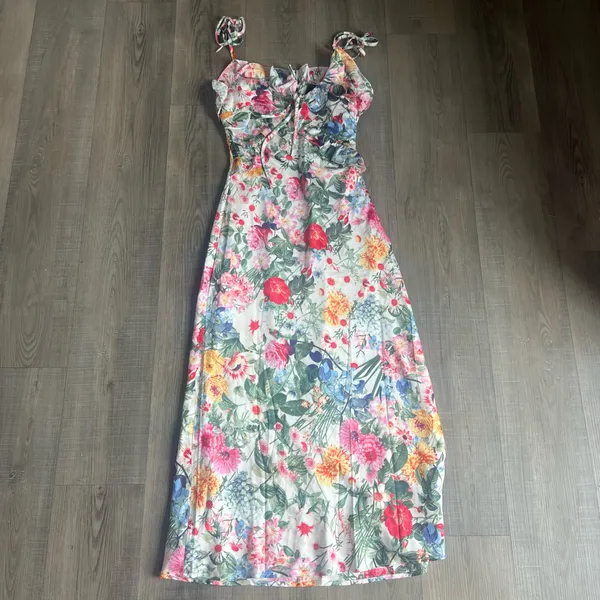 Lulus Clelia Ivory Multi Floral Satin Ruffled Midi Dress - Image 3