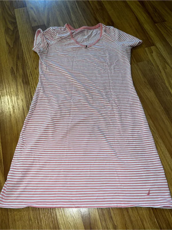 Cozy Pink Stripe V-Neck Short-Sleeve Sleep Dress - Image 2