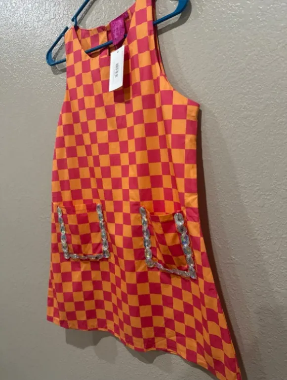 Queen Of Sparkles Pink & Orange Plaid Jewel Pocket Cotton Tank Dress Size Small - Image 4