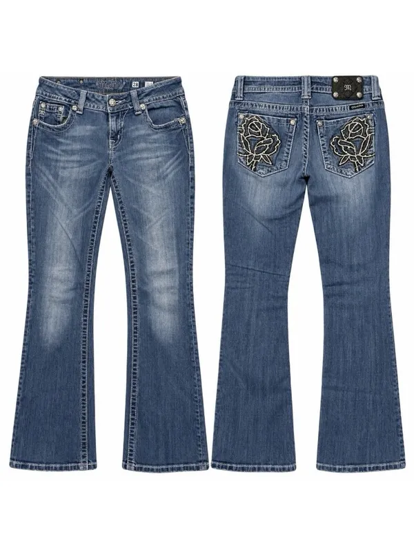 Miss Me Bootcut Blue Jean Size 28 Low Rise Sequin Bling Rose Back Pocket - Image 2