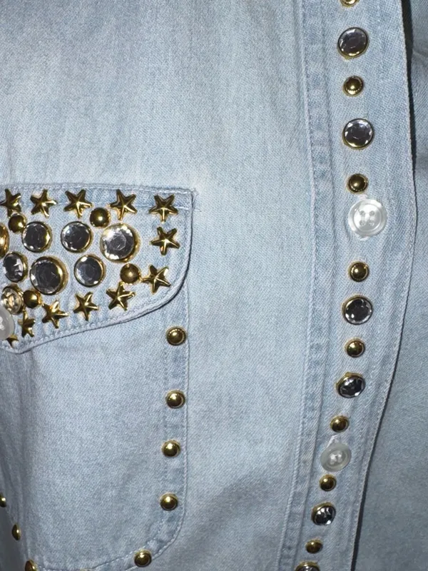 80s/90s Embellished Light Wash Denim Sleeveless Shirt - Image 6