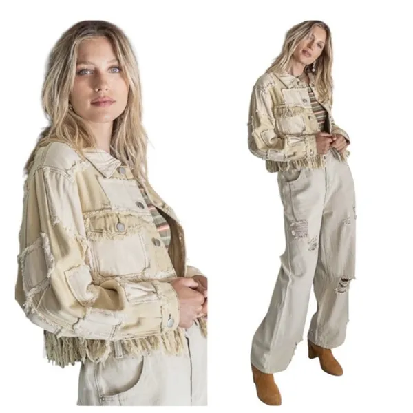 POL Patchwork Fringe Jacket Mixed Media Cropped Boho Raw Edge Button Front Small - Image 9