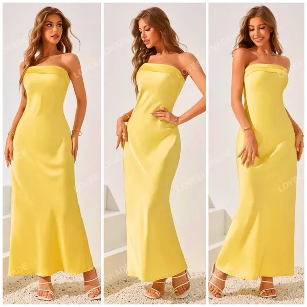Love & Lemonade Yellow Satin Strapless Cowl Back Cutout Maxi Dress XL - Image 3
