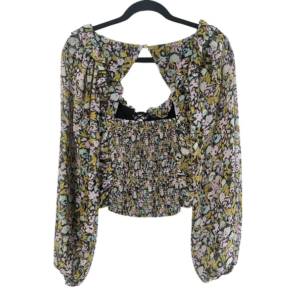 Free People Mabel Floral Printed‎ Ruched Smocked Crop Top Long Sleeve Blouse S - Image 2