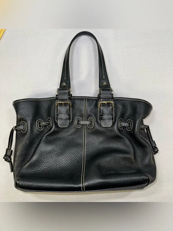 Dooney & Bourke Black Pebbled Leather Drawstring Satchel Bag Pink Gingham Lined - Image 3