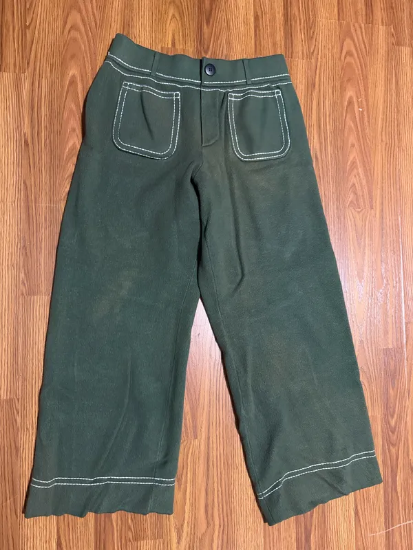 Maeve x Anthropologie Colette High Rise Topstitch Green Wide Leg Sweatpant MP. Inseam 29in, mid 12in, waist 28in. Sun damage shown in pictures - Image 2