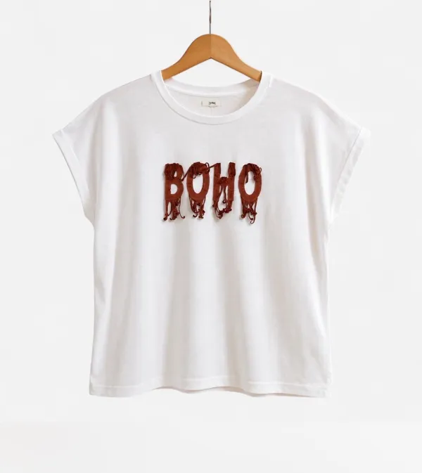 TopMark White "BOHO" Graphic Cap-Sleeve T-Shirt (Size L) - Image 2