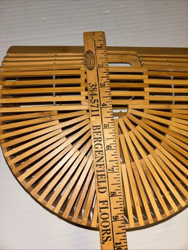 Tan Bamboo Structured Slat Handbag Fan Shaped Semi Circular Design Top Handles - Image 9