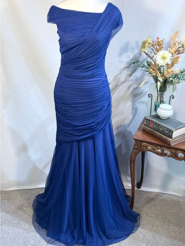 ☀️Tadashi Shoji Cobalt Blue Ruched Arymetric Draped Chiffon Evening Gown Sz 4🧡 - Image 12
