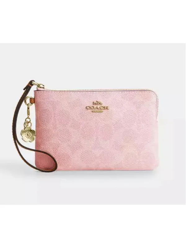 NEW Coach Corner Zip Wristlet In Powder Pink Signature Canvas With Charms NWT - Image 2
