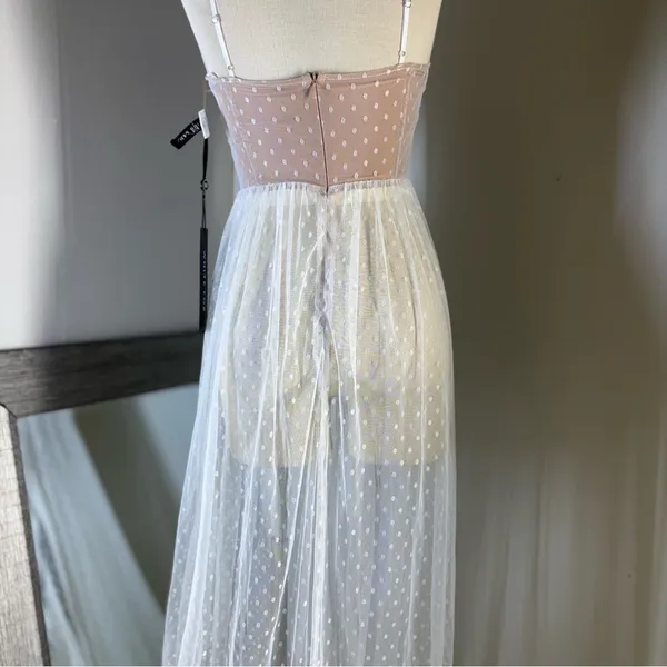 White Fox Boutique Strapless maxi sheer Dress in Pink and White - Image 9