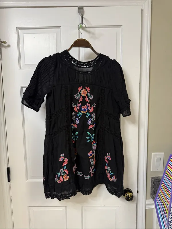 Free People Black Mini Dress with Multicolor Floral Embroidery - Image 6