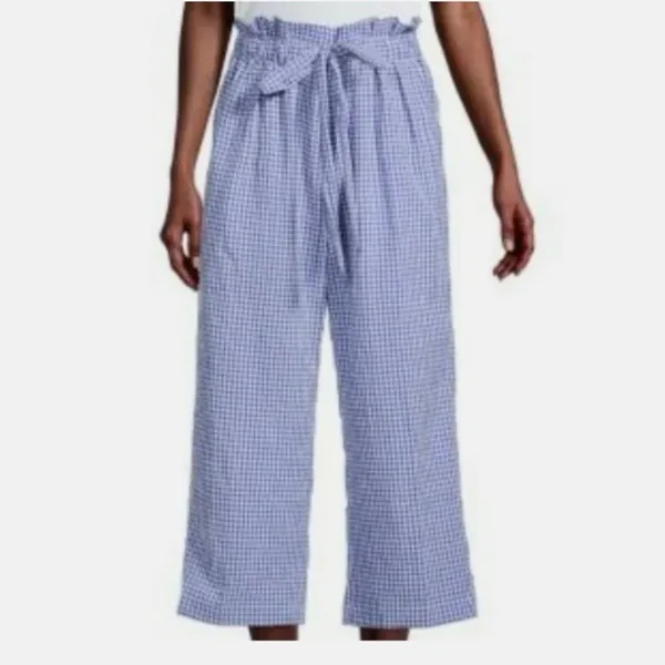 Joie Gingham Wide‎ Leg Cropped Pants Paperbag Waist Blue White Size L - Image 2