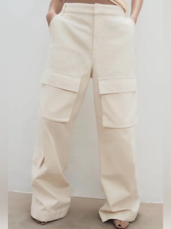 Zara Blogger Favorite Ecru Wide Leg Cargo Jeans Pants Size M - Image 4