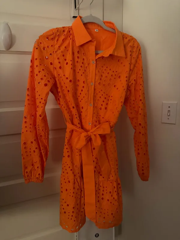 SheIn Long sleeve orange eyelet mini dress - Image 4