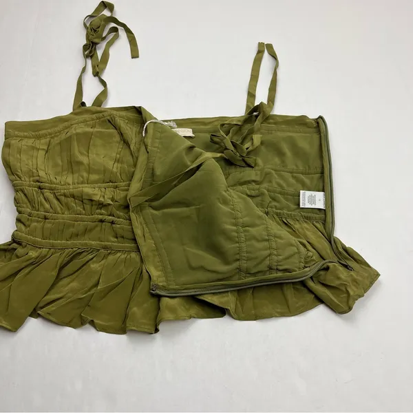 Ulla Johnson Nora Tie Shoulder‎ Silk Peplum Top Size 12 Olive Green Milkmaid NEW - Image 11