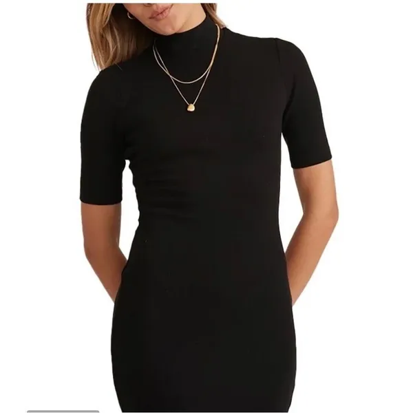 Marine‎ Layer Lexi Rib Mock Neck Midi Dress Womens XS Black Short Sleeve Slit - Image 2