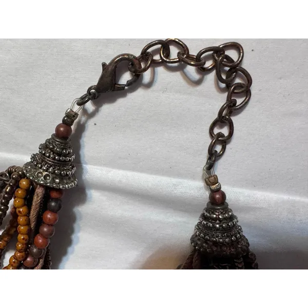 Brown Multi Strand Beaded Necklace Statement Pendant Boho Tribal 11” - Image 9