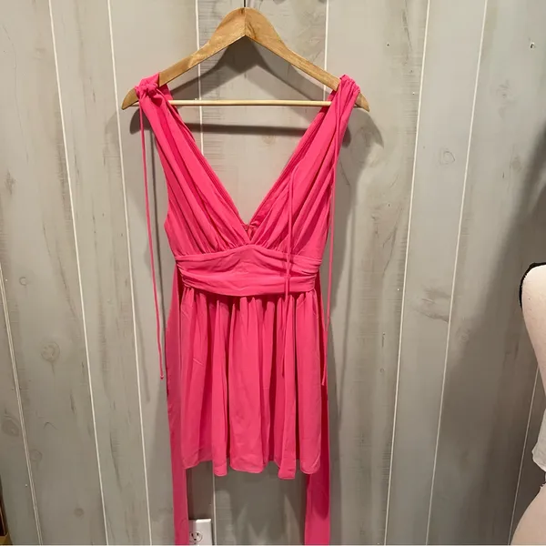 Cute bubblegum pink lucy in the sky babydoll flowy tie strings deep v top - Image 7