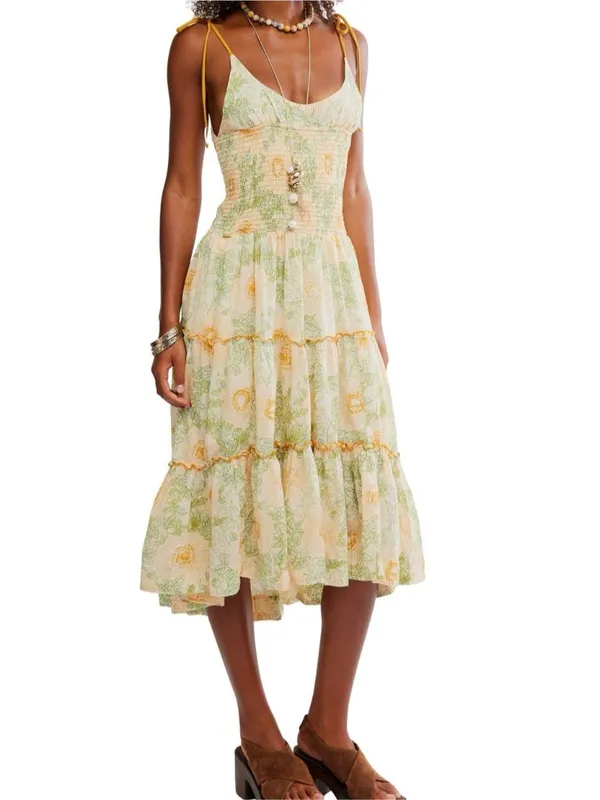 Free People Adriel Tie Strap Tiered Midi Dress M - Image 3