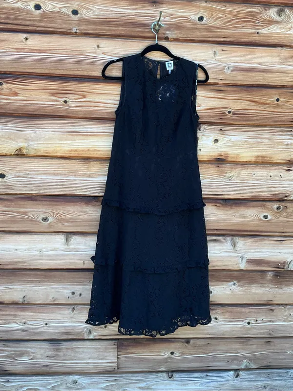Black Size 6 Lace Sleeveless Tiered Ruffle Midi Dress - Image 4